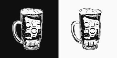 Full glass of beer. Mug with handle and beer foam. Vintage monochrome illustration on black, white background. Not AI vector
