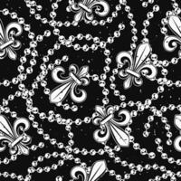 Seamless black and white pattern with fleur de lis, strings of beads on black background Mardi gras carnival design. Vintage illustration for prints, clothing, surface design vector