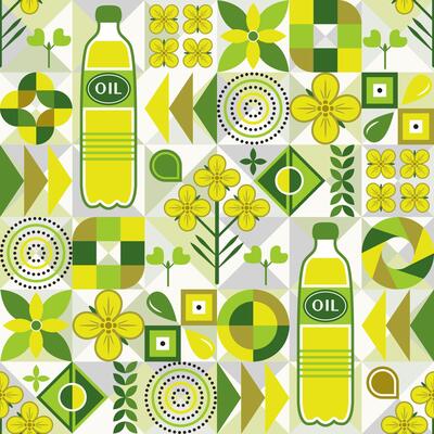 Seamless pattern with icons of rape, rapeseed oil, big oil bottle, abstract geometric shapes on mosaic background. For branding, decoration of food packaging, decorative prints for kitchen
