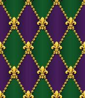 Geometric Mardi Gras pattern with yellow Fleur de lis symbol, strings of beads. Diagonal classic rhombus grid. Harlequin volumetric ornament. Vintage style. vector