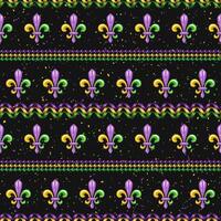 Mardi Gras seamless pattern with Fleur de Lis symbol, strings of beads, party streamers, spiral ribbons. Geometric pattern with horizontal stripes on textured black background. Not AI vector