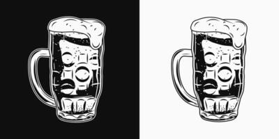 Full glass of beer. Mug with handle and overflowing beer foam. Filtered transparent beverage. Vintage monochrome illustration on black, white background. vector
