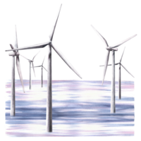 Offshore wind farm at sea or in the ocean. Wind turbine park. Windmills power energy. Watercolor hand drawn illustration. Clipart for your alternative energy project, ecology isolated from background png