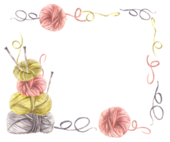 Balls of yarn threads in different color banner, label template. Watercolor hand drawn illustration. Skeins of string with knitting needles. Hobby knitting, handicrafts card isolated from background png