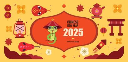 Happy New Year 2025, Chinese New Year, Year of the Snake lunar New Year elements. Colorful illustration in flat cartoon style, in geometric patterns vector