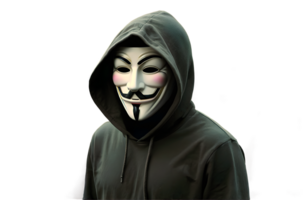 Hacker man in black hoodie wearing vendetta mask, hacker, anonymous, person isolated on transparent background png