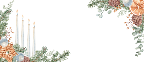 Christmas Advent Banner with Winter plants, handmade wooden Toy and burning Candles. Fourth Advent. Fir Branches, Eucalyptus, Pine Cones and dry Orange slice. Hand drawn Watercolor horizontal frame png