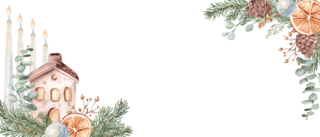 Christmas Advent Banner with Winter plants, Ceramic house and burning Candles. Fourth Advent. Fir Branches, Eucalyptus, Pine Cones and dry Orange slices. Hand drawn Watercolor horizontal frame, border png