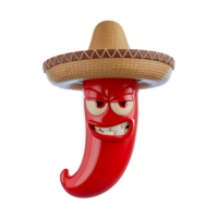 3D Render of a Stylized Red Chili Pepper Character with Sombrero Hat Fun and Bold Cartoon Design png