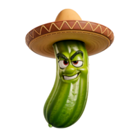 3D Render of a Stylized Green Cucumber Character with Sombrero Hat Fun and Playful Cartoon Design png