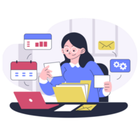 A woman is working at her desk with a laptop and a folder png