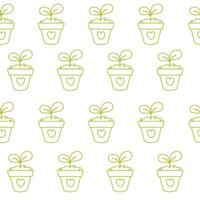 Seamless green outline pattern of seedling in a pot vector