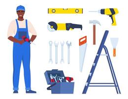 Repairman or mechanic and collection of tools. Black man character in uniform with set of professional instruments. illustration. vector
