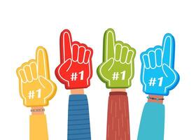 Fan foam fingers. Hands up with glove with number one, stadium supporter pride accessory, football victory symbol. Best sport team cheering, first place in competition. illustration. vector