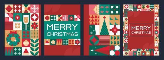Christmas posters set with geometrical drawings, retro tile patterns with Holiday objects and patterns. illustration collection. vector