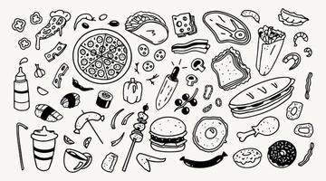 Food doodles, fast food, snacks and ingredients drawings, hand drawn graphic design elements, decorations for menus and websites. vector