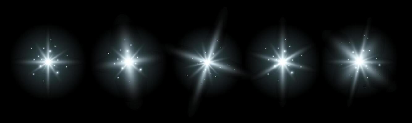 Set of glowing sparkles and stars, shining bursts with glitters and sequins around. Group of light effects on the black background. illustration.