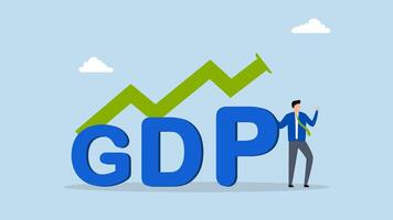 GDP Gross domestic product, 4k animation of Businessman is seen standing next to a GDP sign and a rising graph and chart. video