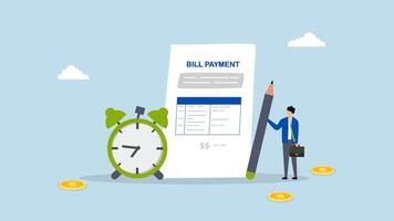 Bill payment, 4k animation of Businessman holding a pencil and a bill payment document, with an alarm clock. video