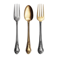 Three Silver And Gold Forks And spoons On a Transparent Background png