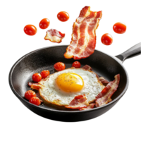 Fried Egg With Tomatoes And Bacon In a Frying Pan Transparent Background png