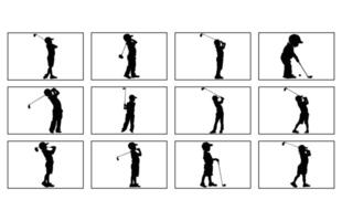 Silhouette of a boy playing Golf. The child stands in profile and swung the stick to strike vector