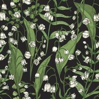 Botanical seamless pattern with beautiful blooming Lily of the valley flowers on black background. Natural backdrop with meadow flowering plant. Realistic illustration for wrapping paper vector