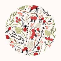 Circular floral decoration or natural decorative design element consisted of tree branches, twigs, leaves and berries or rose hips on white background. Beautiful botanical illustration vector