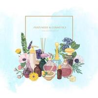 Square backdrop with perfume in glass bottles of various shapes and sizes, elegant flowering plants, frame and place for text on light background. Hand drawn illustration for fragrance promo vector