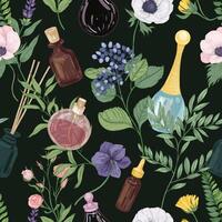 Floral seamless pattern with gorgeous tender blooming flowers and perfume in glass bottles or flasks on black background. Backdrop in antique style. Elegant illustration for fabric print vector