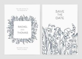 Set of wedding party invitation and Save The Date card templates with Lily of the valley flowers hand drawn with black contour lines on white background. Beautiful floral illustration. vector