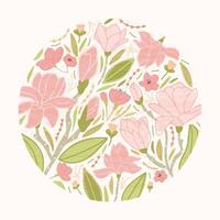 Round floral backdrop or circular decorative design element composed of beautiful pink blooming flowers, buds and leaves on white background. Spring botanical illustration in flat style vector