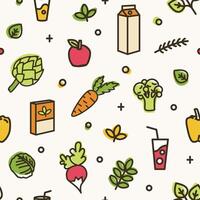 Beautiful seamless pattern with various delicious vegetables and healthy products. Backdrop with organic wholesome food, eco nutrition. Colorful illustration in modern line art style vector
