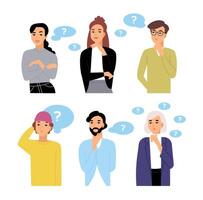 Bundle of thoughtful male and female cartoon characters and thought bubbles with question marks. Collection of portraits of men and women thinking isolated on white background. illustration vector