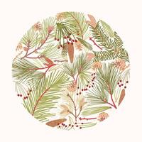Circular design element, decoration or backdrop composed of elegant branches of coniferous tree, fir or pine needles and cones on white background. Natural illustration in modern flat style vector