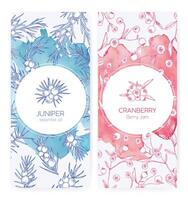 Bundle of banner templates with juniper and cranberries drawn with contour lines on pink and blue backgrounds. Set of labels with berries. Natural illustration for essential oil and jam promo. vector