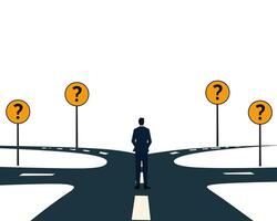 A businessperson standing at a crossroads with signs showing question marks, symbolizing decision-making, uncertainty, and direction in life or business. Ideal for career, strategy, vector
