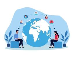 Flat illustration of two remote workers sitting with laptops, connected through a global network. Features a world map, avatars of colleagues, and blue-themed modern workspace elements vector
