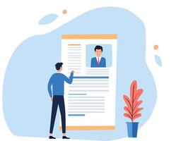 An illustration of a man analyzing a large resume or CV with a professional portrait. Perfect for job application, recruitment, HR, and career themes. Ideal for presentations, websites, and articles vector