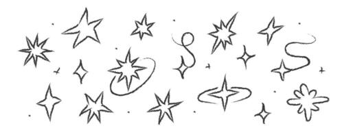 Chalk pencil stars and sparkles doodle set. Crayon Twinkle shape. Design Y2K elements. Black outline Textured figures vector