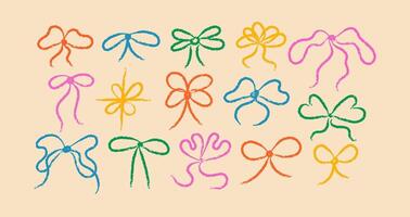 Set of crayon textured tied bow gift ribbons. Elegant minimal line stroke style. Colorful design elements vector