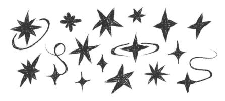 Chalk pencil stars and sparkles doodle set. Crayon Twinkle shape. Design Y2K elements. Black Textured figures vector
