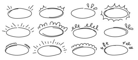 Doodle circle brackets for quotation with sparkle ray elements. Drawn speech oval with burst line. Design elements vector