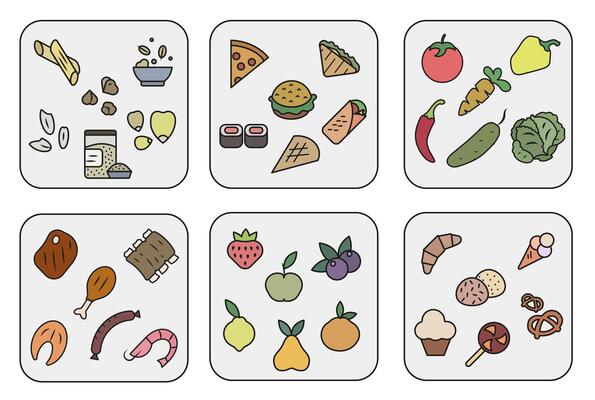 Everything in the store and supermarket. Supermarket symbols. Colored market icons with stroke.
