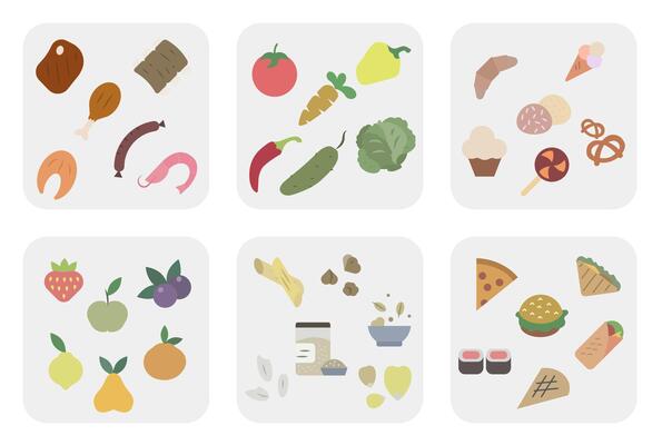 Supermarket symbols. Colored market icons. Everything in the store and supermarket.