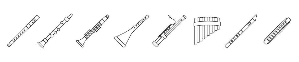 Set of wind musical instruments. Wind musical instruments with the name in a thin line. vector