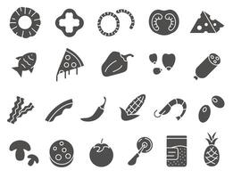 Pizzeria icons. Fast lunch or dinner dark icons. Delicious Italian food. Pizza ingredients. vector