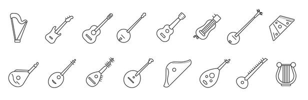 Set of stringed musical instruments. Set of stringed instruments with title in thin line. vector