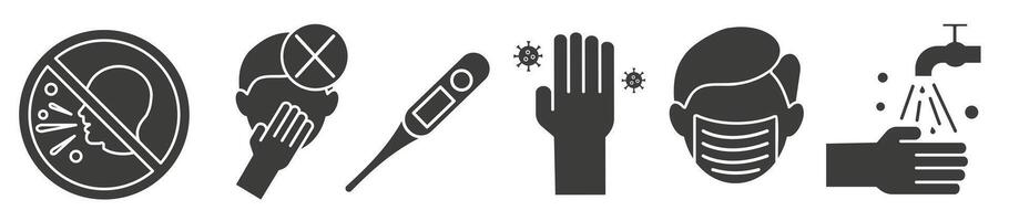 Common dark icons associated with the virus and its treatment. Virus and its treatment. vector