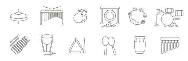 Thin line set of percussion musical instruments. Percussion instruments with a name. vector
